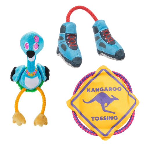 BARK Alps Tail Boots, Ani The Nene Goose & Kangaroo Tossing Plush & Rope Dog Toys