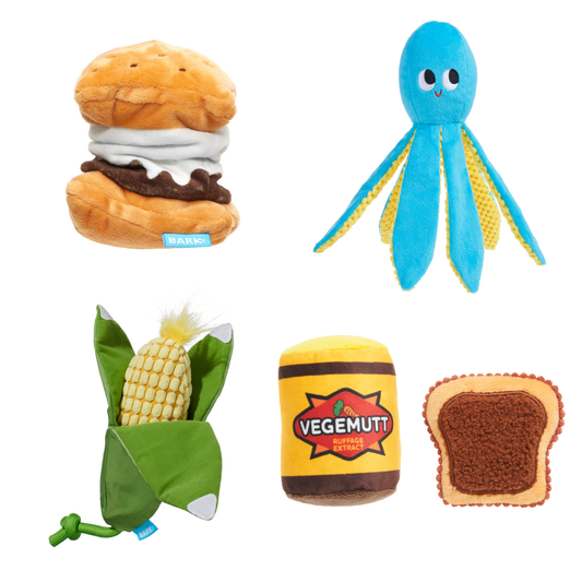 BARK Corn On The Slob, Odd Otto, More S'Mores & Vegemutt Toast Dog Toys