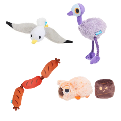 BARK Adelaide Emu, Lickin' Links, Sully the Gully & Walken Wombat Plush Dog Toys