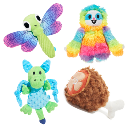 BARK Dragonfly Guy, Good Vibes Gary, Humbert The Dragon & Tavern Turkey Leg Plush Dog Toys