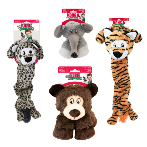 KONG Stretchezz Jumbo Tiger and Snow Leopard & KONG Stretchezz Legz Bear and Elephant Plush Dog Toys