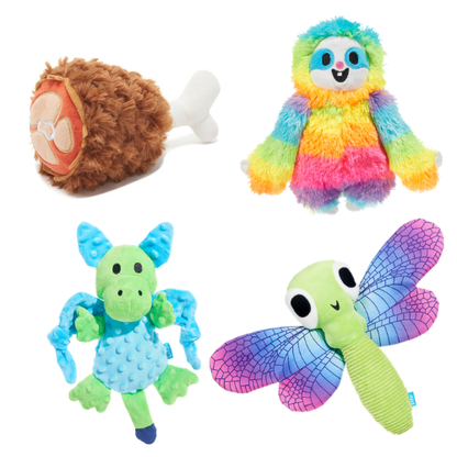 BARK Dragonfly Guy, Good Vibes Gary, Humbert The Dragon & Tavern Turkey Leg Plush Dog Toys