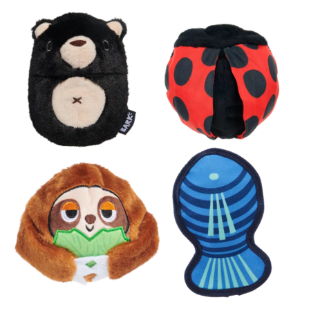 BARK Black Bear Bones, Lady Bugsy, Sonny The Sloth, Rad Herring - Super Chewer - 2 in 1 Dog Toy