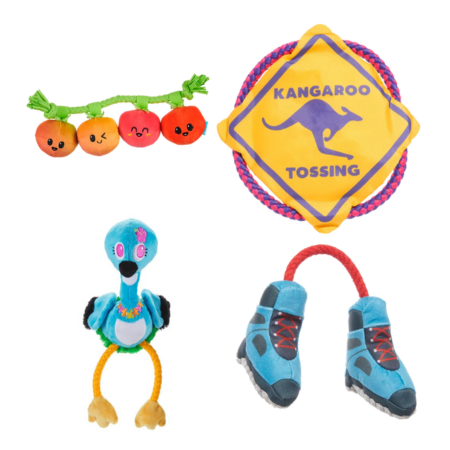 BARK Alps Tail Boots, Ani The Nene Goose, Hairloom Tomatoes & Kangaroo Tossing Plush & Rope Dog Toys
