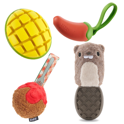 BARK A Squeaky Meat-A-Ball, Go Mango, Habanero Pupper & P. B. Beaver - Super Chewer Dog Toys